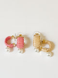 Mini Raffia & Pearl Huggies - Natural & Pink