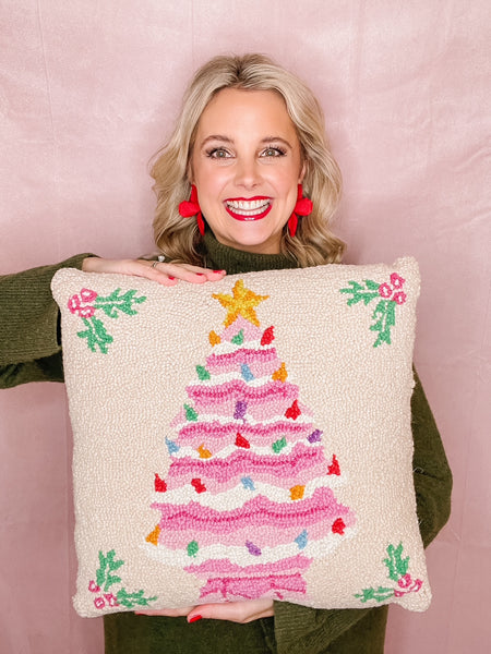 Retro Pink Christmas Tree Pillow